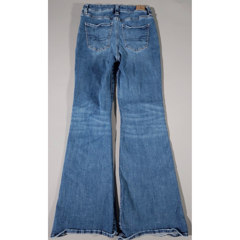 American Eagle Super High Rise Flare Jeans Womens 10 Blue Stretch Patch Pocket - Picture 9 of 9